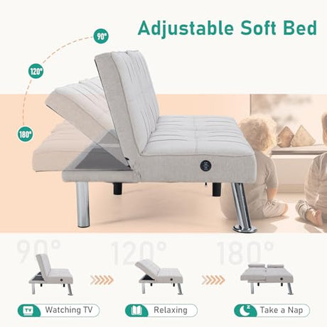 HAOMARKETS Futon Sofa Bed with USB Charging Port, Convertible Futon Couch with 2 Cup Holders,Modern Folding Loveseat Sleeper Couches for Small Spaces, Living Room, White HAOMARKETS