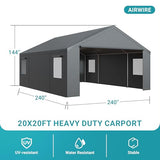 AirWire Carport, Heavy Duty Car Port 20x20 FT, Large Car Canopy with Roll-Up Windows & Side-Opening Door, Outdoor Portable Garage Reinforced Four-Hole Base for Car, Truck, Boat, Motorcycle AirWire