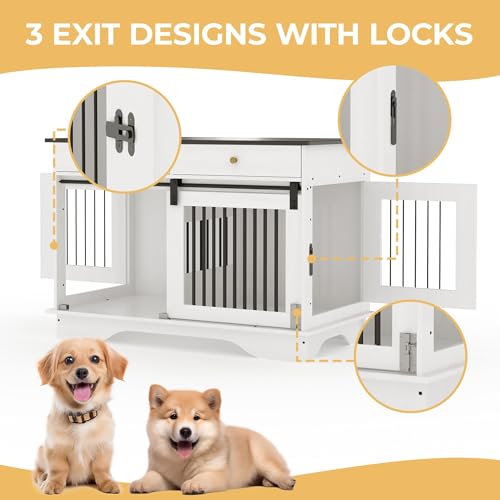 Dog Crate Furniture for 2 Dogs, 47" Double Dog Kennel with Removable Divider and 2 Drawers, Decorative TV Stand Side Table, Indoor Pet Cage for Large/Medium/Small Dogs White GAOMON