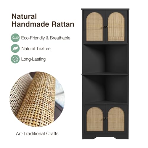 FiveWillowise 67''H Tall Corner Cabinet with Handmade Rattan Door, Rattan Storage Cabinet with Adjustable Shelves, Corner Bookshelf Space Saver for Barthroom, Kitchen, Living Room, Black FiveWillowise