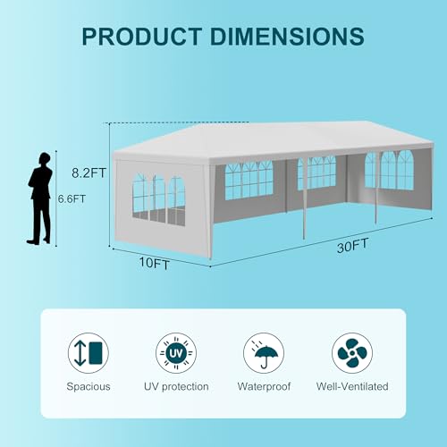 10'x30' Outdoor Party Canopy Tent with 5 Removable Sidewalls, White Gazebo with Transparent Windows, Rust-Resistant Shelter for Birthdays, Gatherings, Parties, Wedding, Events, BBQ OLLIDOT