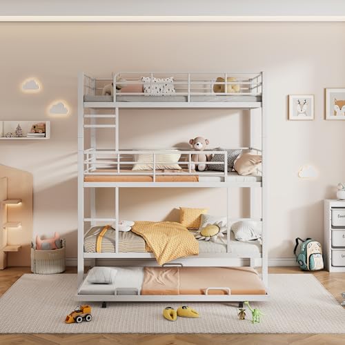 Triple Bunk Bed with Trundle Guardrail & Ladder Twin Size Metal, No Box Spring Needed, Easy Assemble Merax