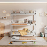 Triple Bunk Bed with Trundle Guardrail & Ladder Twin Size Metal, No Box Spring Needed, Easy Assemble Merax