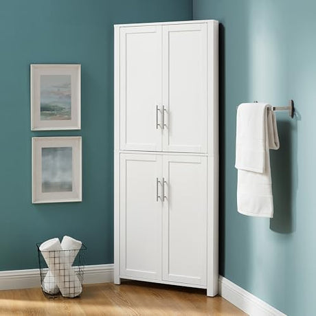 Crosley Furniture Savannah Traditional Corner Pantry Storage Cabinet with Shelves, Kitchen, Dining, Laundry, White Crosley Furniture
