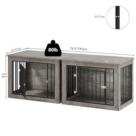 YITAHOME 76 Inch Double Dog Crate Furniture, XXL Dog Crate Furniture for 2 Dogs, Side End Table, Waterproof Top, Safety Corners, 2-in-1 Iron-Wood Fusion Dog Kennel Furniture for 2 Large Dogs,Greige YITAHOME