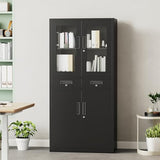 BouPower 71" Black Metal Storage Cabinet with Glass Doors, Garage Storage with 2 Drawers + 2 Adjustable Shelves, Heavy Duty Tool Cabinet with Locking Doors for School, Workshop, Office, Black BouPower