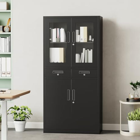 BouPower 71" Black Metal Storage Cabinet with Glass Doors, Garage Storage with 2 Drawers + 2 Adjustable Shelves, Heavy Duty Tool Cabinet with Locking Doors for School, Workshop, Office, Black BouPower