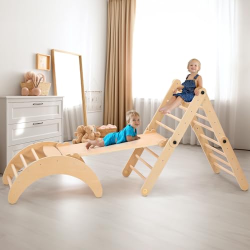 Dripex Deformable Pikler Triangle Set, Large Montessori Climbing Set with Over 20 Playing Modes, Pikler Triangle with Slide Arch Rocker, Premium Early Learning Climbing Toys for Toddlers 1-3 Inside