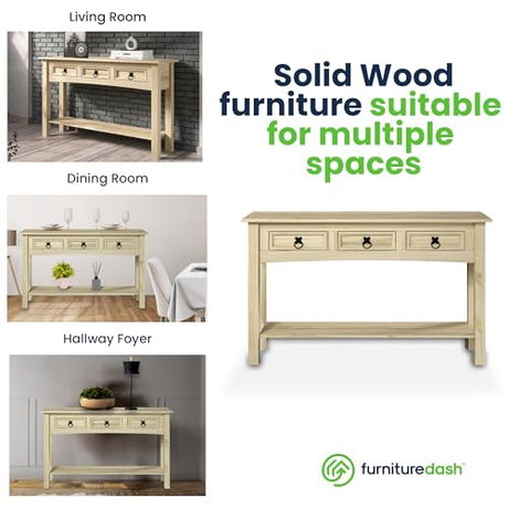 Furniture Dash Solid Wood Hall Table Console 47.9" W, 12.6" D, 28.8" H - Farmhouse Entryway Table with 3 Drawers, Office Hallway Foyer, Wooden Furniture Dash