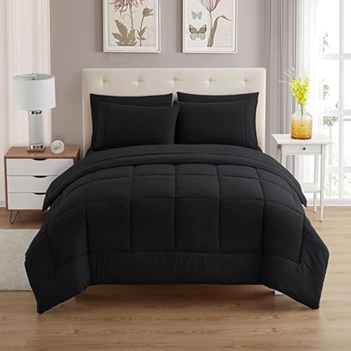 Sweet Home Collection 7 Piece Comforter Set Bag Solid Color All Season Soft Down Alternative Blanket & Luxurious Microfiber Bed Sheets, Black, Queen Sweet Home Collection