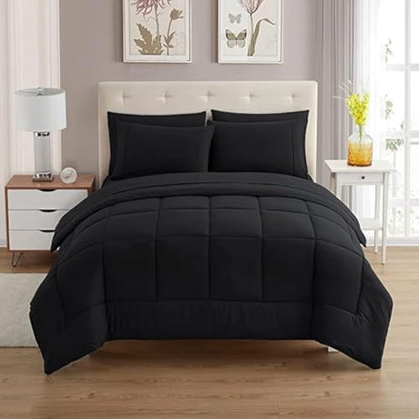 Sweet Home Collection 7 Piece Comforter Set Bag Solid Color All Season Soft Down Alternative Blanket & Luxurious Microfiber Bed Sheets, Black, Queen Sweet Home Collection