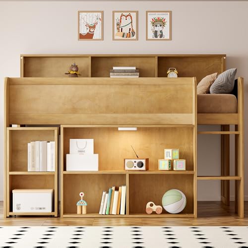 SOFTSEA Full Size Low Loft Bed with Desk & Storage, Solid Wood Kids Loft Bed with Portable Desk, Storage Bookshelves & LED Lights for Kids Juniors Boys Girls, Walnut SOFTSEA