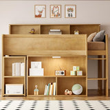 SOFTSEA Full Size Low Loft Bed with Desk & Storage, Solid Wood Kids Loft Bed with Portable Desk, Storage Bookshelves & LED Lights for Kids Juniors Boys Girls, Walnut SOFTSEA
