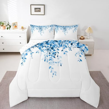 Erosebridal King Blue Eucalyptus Comforter Set, Watercolor Plant Leaves Bedding Set Modern Minimalist White Quilt for Kids Teens Adult Women, Botanical Rustic Farmhouse Duvet Insert,2 Pillow Cases Erosebridal