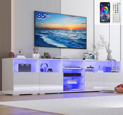 jiteentarou 79IN LED TV Stand for 75/80/85inch TV,High Glossy Modern TV Stand for Living Room,TV Entertainment Center with Adjustable Storage Shelf,RGB LED Lighting,TV Console(White) - WoodArtSupply