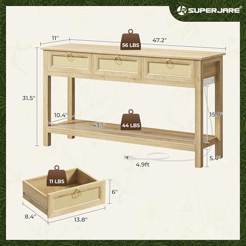SUPERJARE Rattan Console Sofa Table with Outlets and USB-C Port, 3 Drawer Entryway Table with Synthetic Rattan Surface, Open Shelf, Behind Couch Entry Foyer Hallway Storage, Natural SUPERJARE
