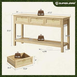 SUPERJARE Rattan Console Sofa Table with Outlets and USB-C Port, 3 Drawer Entryway Table with Synthetic Rattan Surface, Open Shelf, Behind Couch Entry Foyer Hallway Storage, Natural SUPERJARE