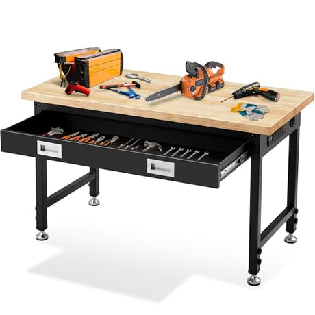 48” Adjustable Workbench with Drawer Storage,Work Benches for Garage with Rubberwood Top,2000 LBS Capacity Worktable with Power Outlets for Workshop,Garage,Home,Office Antifir