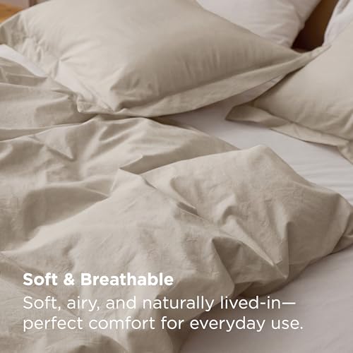 Bedsure 100% Washed Cotton Duvet Cover Queen Size - Oatmeal Minimalist Cotton Duvet Cover Linen Like for All Seasons - GentleSoft™ Plain Simple Bedding (Oatmeal, Queen, 90"x90") Bedsure