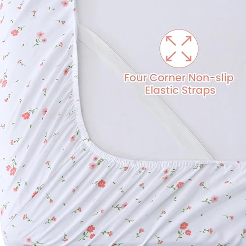 Softan Pink Floral Full Sheet Set Flower Printed Bed Sheets Double - 4 Piece Microfiber Patterned Fitted Bed Sheets with 15" Deep Pocket & Straps, Cozy Cute Pink Sheets and Pillowcase Set Softan