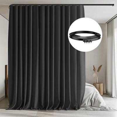 MaKefeile Room Divider Curtains with Flexible Ceiling Curtain Tracks Set,100% Blackout Floor to Ceiling Curtains Patio Sliding Door Curtains (Black Drape & Black Rail W 8.3 × H 7 FT)