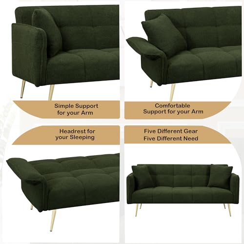 Modern Velvet Futon Sofa Bed ,Convertible Upholstered Couch Bed Loveseat Sleeper, Folding Small Couches Loveseat, Reclining Sofa, Foldable Roll Arms with Pillow for Small Spaces (Green Velvet) Klwenas Maec