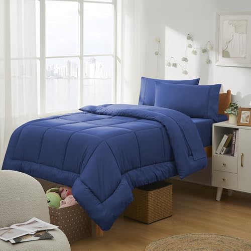Dorm Room Essentials College Bedding Comforter Set 5 Piece Twin Size Bed in a Bag for College Students Boys and Girls, Twin, Royal Blue Sweet Home Collection
