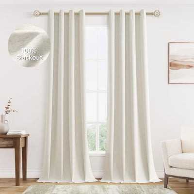Jowels Cream Linen Blackout Curtains 108 Length 2 Panels Set for Living Room Bedroom, 100% Black Out Thermal Insulated Linen Drapes, Room Darkening Grommet Curtains 108 Inches Long Natural Beige