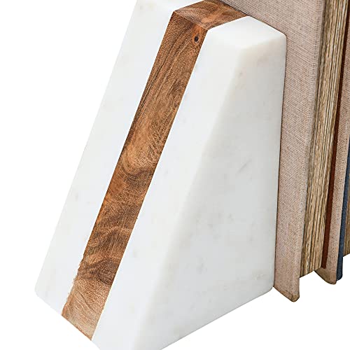 Main + Mesa Marble Geometric Bookends with Wood Inlay, White Main + Mesa