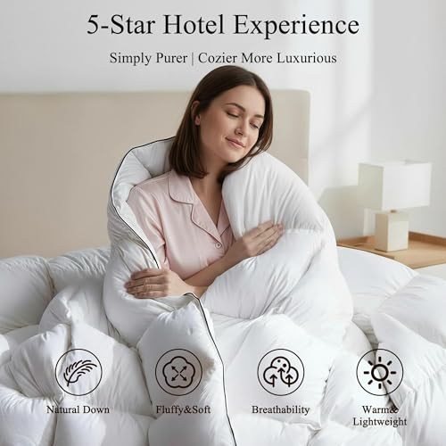 Feather Down Fiber Comforter Queen Size,Premium Ultra-Soft Breathable Comforter High Fill Power White Duvet Insert,All Season Hotel Luxury Bedding Comforters 8 Corner & Center Loops,Baffle Box Design HYVIF