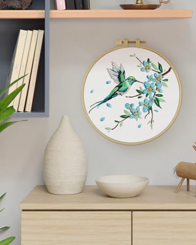 ERKOON Embroidery Kit for Beginners, Hummingbird and Flower Cross Stitch Set for Include Embroidery Cloth Hoops Threads for Craft Lover Hand Stitch with Embroidery Skill Techniques (Green Hummingbird) ERKOON