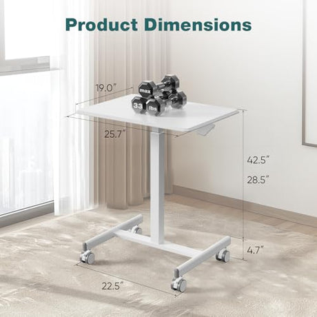 NEWBULIG Small Standing Desk Mobile Rolling Laptop PC Desk on Wheels Adjustable Height Computer Workstation Portable Modern Table for Home Office Bedroom, Modern White NEWBULIG