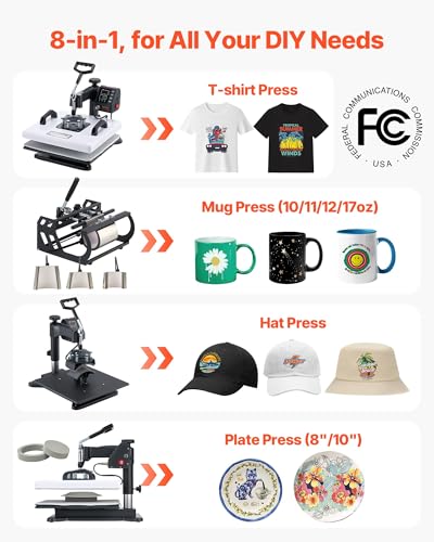 VEVOR Heat Press Machine, 15 x 15 in, 8-in-1 Multifunction, 360° Swing Away, Heat Up Fast and Even, Digital Precise Control, Sublimation Press Machine for T-Shirts, Mugs, Tumblers, Caps, Plates VEVOR