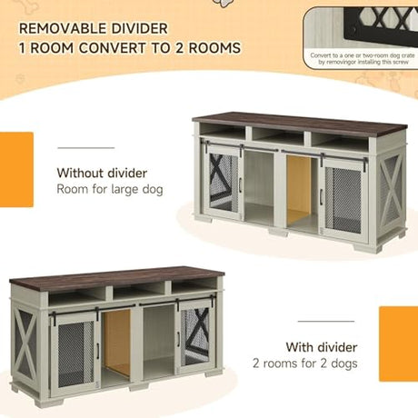 71" Dog Crate Furniture for 2 Dogs Large Double Kennel with Removable Divider, 3 Storage Drawers & Sliding Barn Door, Furniture Style Pet Crate As TV Stand for Living Room ActiveTrail