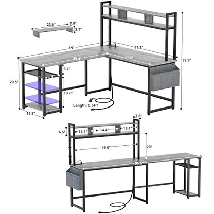 Aheaplus L Shaped Desk with Power Outlet & LED Strip, Reversible L-Shaped Corner Computer Desks Gaming Desk with Storage Shelf & Monitor Stand, Modern 2 Person Home Office Desk Writing Desk, White Oak