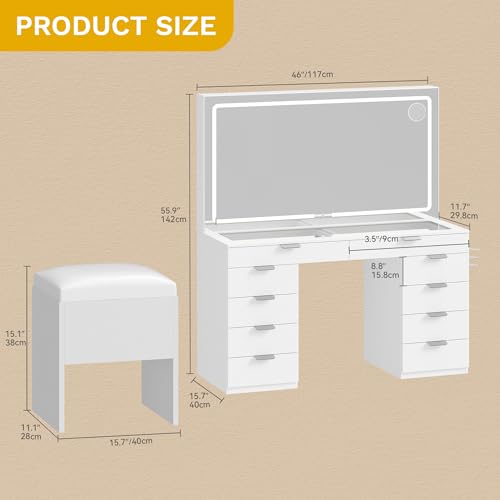 DWVO Vanity Desk Set with Mirror & Power Outlets, Vanity Table with 3 Dimmable Light Colors, 10 Drawers, Hair Dryer Rack – Modern Makeup Table with Hidden Storage Stool DWVO