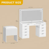 DWVO Vanity Desk Set with Mirror & Power Outlets, Vanity Table with 3 Dimmable Light Colors, 10 Drawers, Hair Dryer Rack – Modern Makeup Table with Hidden Storage Stool DWVO