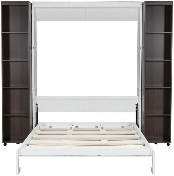 Foldable Hidden Queen Murphy Bed Cabinet with Storage Bookshelf Bookcase, Wood White Murphy Wall Bed with Storage Shelves for Adults (Espresso) MERITLINE
