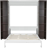 Foldable Hidden Queen Murphy Bed Cabinet with Storage Bookshelf Bookcase, Wood White Murphy Wall Bed with Storage Shelves for Adults (Espresso) MERITLINE