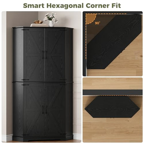 IRONCK Corner Cabinet, 72" Kitchen Pantry Cabinet, 6-Tier Freestanding Farmhouse Pantry with 2 Adjustable Shelves, 240°Swivel Doors, 2 Doors Storage, Spacious Hutch for Kitchen, Living Room, Black IRONCK