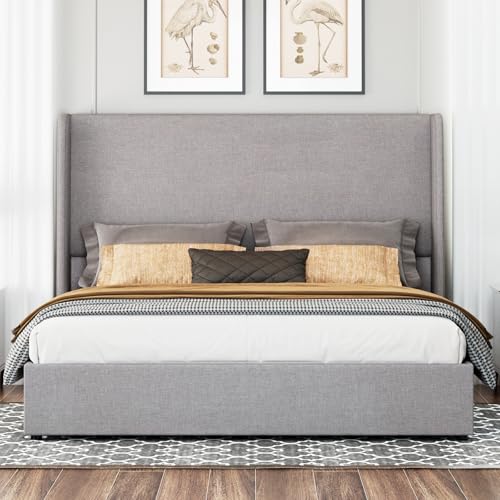 Jocisland Queen Size Lift Up Storage Bed Frame Linen Upholstered Platform Bed/Hydraulic Storage/Modern Wingback Headboard/No Box Spring Needed/Wood Slats Support/Light Grey Jocisland
