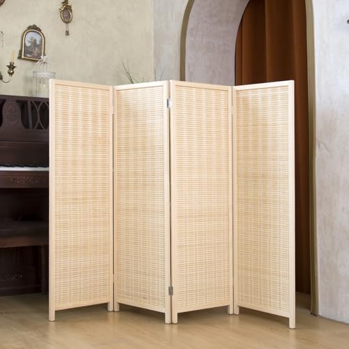 Loomveil 4 Panel Short Room Divider Folding Screen,47 inch Bamboo Panel Divider for Home Partition,Beige Loomveil