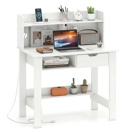 Giantex White Computer Desk with Hutch, Home Office Desk with Power Outlets, USB Ports, Type-C, Storage Shelf & Drawer, Modern Laptop PC Table Computer Workstation, Study Writing Desk for Bedroom Giantex