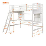 Merax Twin Loft Bed with Desk, Solid Wood Twin Size Loft Bed Frame with Shelves, White Merax