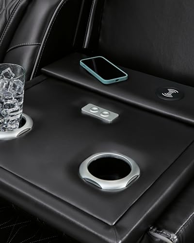 Signature Design by Ashley Boyington Contemporary Leather Match Power Reclining Sofa with Adjustable Headrest, Cup Holder, USB Charging Ports, Air Massage System and LED Lighting, Black Signature Design by Ashley