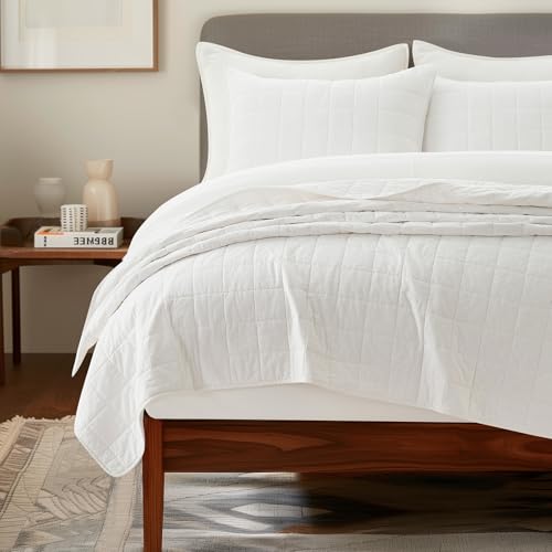EVERGRACEHOME 100% Cotton Box Stitch Quilt Bedding Set King Size 3 Pieces, Garment-Washed Lightweight Soft Cozy Coverlet, Oversized Quilted Bedspread Sets with 2 Shams for All Season, Bright White EVERGRACEHOME