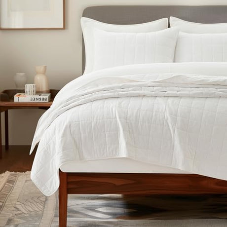 EVERGRACEHOME 100% Cotton Box Stitch Quilt Bedding Set King Size 3 Pieces, Garment-Washed Lightweight Soft Cozy Coverlet, Oversized Quilted Bedspread Sets with 2 Shams for All Season, Bright White EVERGRACEHOME