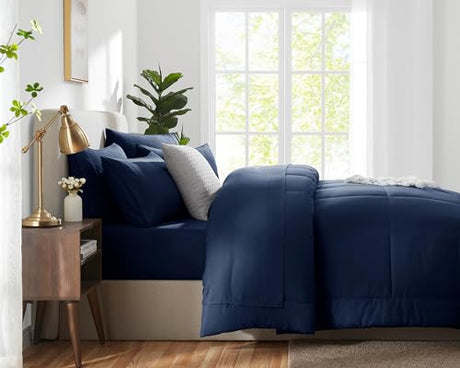 CozyLux Queen Comforter Set Navy Blue, 7 Pieces Bed in a Bag, Blue Comforter Queen Size, All Season Bedding Sets with Stitch Quilted Comforter, Flat Sheet, Fitted Sheet, Pillowcases CozyLux