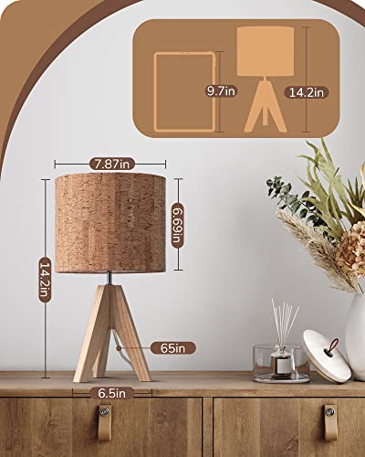 EDISHINE Small Table Lamp, Wooden Tripod Nightstand Lamp with Bark Linen Shade, Farmhouse Bedside Lamp for Nursery, Bedroom, Kids Room, Office, Reading Desk, 14.2 Inch, E26 Socket, ON/Off Switch EDISHINE