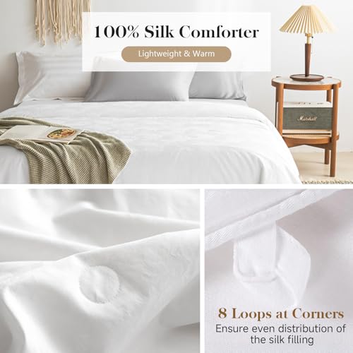 Simple&Opulence 100% Long-Strand Silk Comforter Full-78”x86”, Tussah Silk Weight 1.87 LBS Breathable Jacquard Duvet Insert with Cotton Cover Quilt for Spring/Summer/Fall Premium Bedding, Creme Simple&Opulence